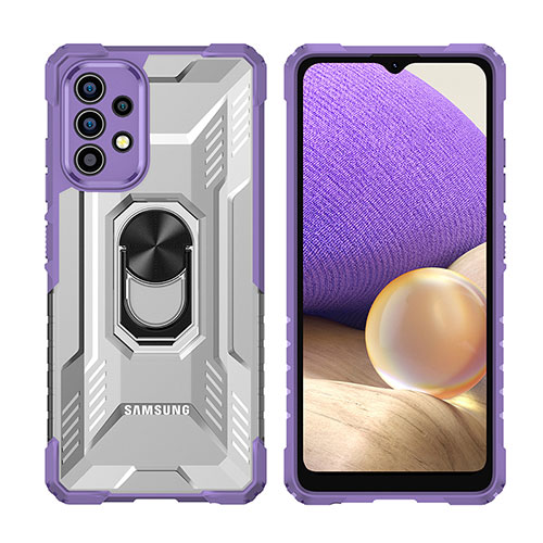 Silicone Matte Finish and Plastic Back Cover Case with Magnetic Finger Ring Stand J02S for Samsung Galaxy M32 5G Purple