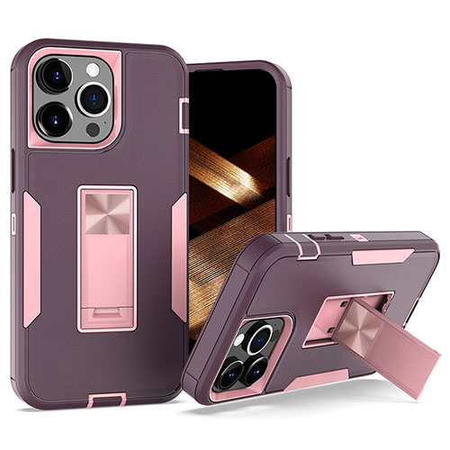 Silicone Matte Finish and Plastic Back Cover Case with Magnetic Finger Ring Stand J03S for Apple iPhone 14 Pro Purple