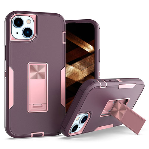 Silicone Matte Finish and Plastic Back Cover Case with Magnetic Finger Ring Stand J03S for Apple iPhone 15 Plus Purple