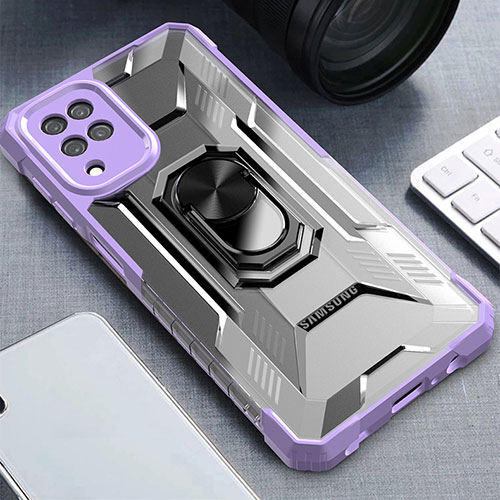 Silicone Matte Finish and Plastic Back Cover Case with Magnetic Finger Ring Stand J03S for Samsung Galaxy A12 5G Purple