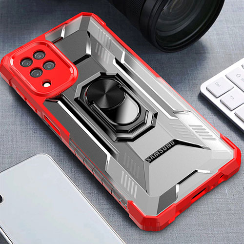 Silicone Matte Finish and Plastic Back Cover Case with Magnetic Finger Ring Stand J03S for Samsung Galaxy A12 Nacho Red