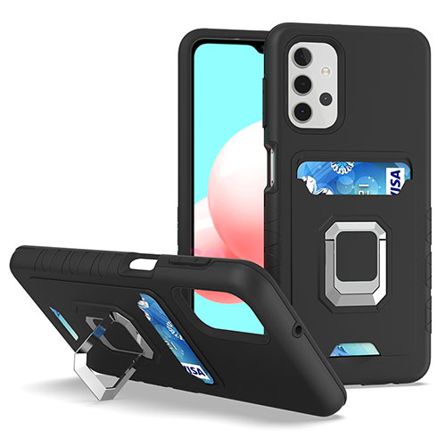 Silicone Matte Finish and Plastic Back Cover Case with Magnetic Finger Ring Stand J03S for Samsung Galaxy A32 5G Black