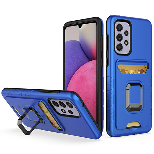 Silicone Matte Finish and Plastic Back Cover Case with Magnetic Finger Ring Stand J03S for Samsung Galaxy A33 5G Blue