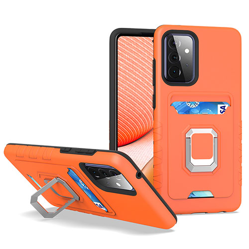 Silicone Matte Finish and Plastic Back Cover Case with Magnetic Finger Ring Stand J03S for Samsung Galaxy A72 4G Orange