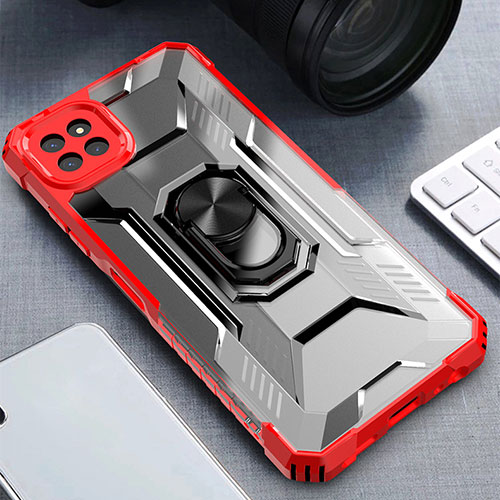 Silicone Matte Finish and Plastic Back Cover Case with Magnetic Finger Ring Stand J03S for Samsung Galaxy F42 5G Red