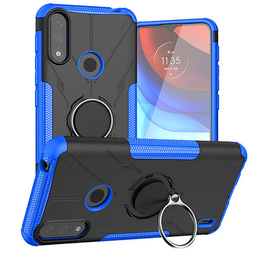 Silicone Matte Finish and Plastic Back Cover Case with Magnetic Finger Ring Stand JX1 for Motorola Moto E7 Power Blue