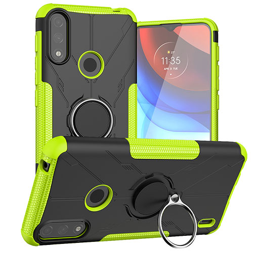 Silicone Matte Finish and Plastic Back Cover Case with Magnetic Finger Ring Stand JX1 for Motorola Moto E7 Power Green