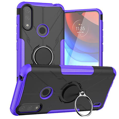 Silicone Matte Finish and Plastic Back Cover Case with Magnetic Finger Ring Stand JX1 for Motorola Moto E7 Power Purple