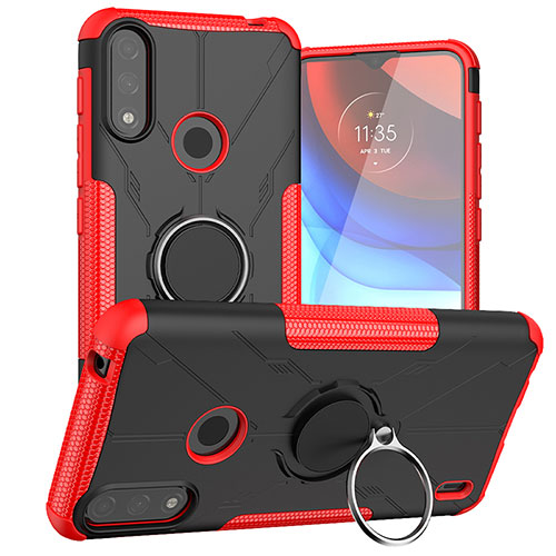 Silicone Matte Finish and Plastic Back Cover Case with Magnetic Finger Ring Stand JX1 for Motorola Moto E7 Power Red