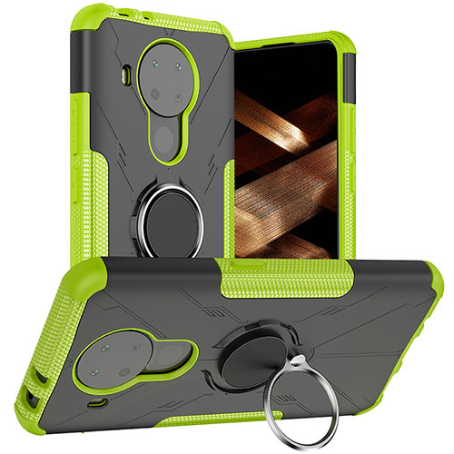 Silicone Matte Finish and Plastic Back Cover Case with Magnetic Finger Ring Stand JX1 for Nokia 5.4 Green