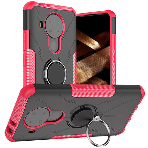 Silicone Matte Finish and Plastic Back Cover Case with Magnetic Finger Ring Stand JX1 for Nokia 5.4 Hot Pink