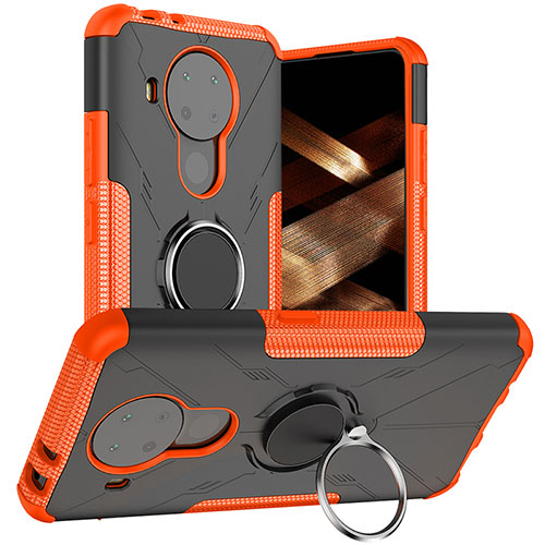 Silicone Matte Finish and Plastic Back Cover Case with Magnetic Finger Ring Stand JX1 for Nokia 5.4 Orange