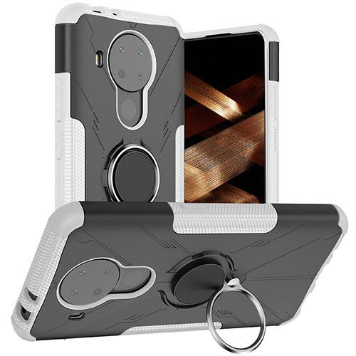 Silicone Matte Finish and Plastic Back Cover Case with Magnetic Finger Ring Stand JX1 for Nokia 5.4 Silver