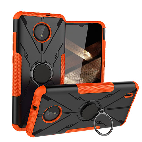 Silicone Matte Finish and Plastic Back Cover Case with Magnetic Finger Ring Stand JX1 for Nokia C10 Orange