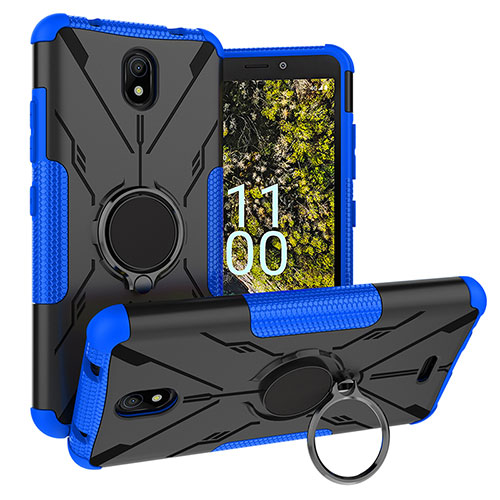 Silicone Matte Finish and Plastic Back Cover Case with Magnetic Finger Ring Stand JX1 for Nokia C100 Blue