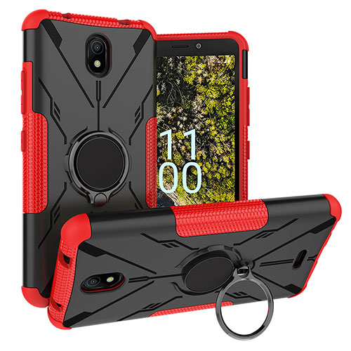 Silicone Matte Finish and Plastic Back Cover Case with Magnetic Finger Ring Stand JX1 for Nokia C100 Red