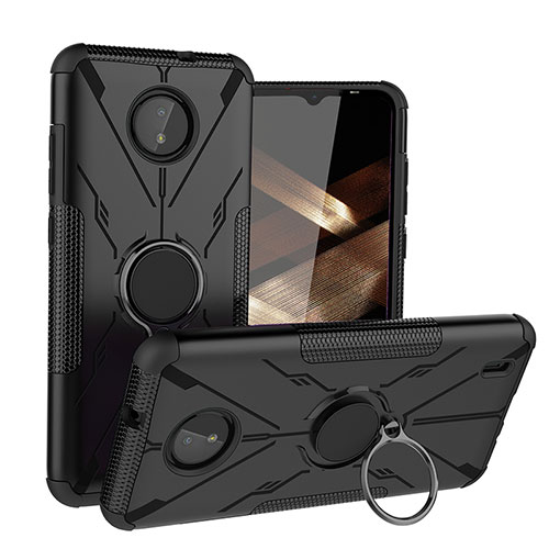 Silicone Matte Finish and Plastic Back Cover Case with Magnetic Finger Ring Stand JX1 for Nokia C20 Black