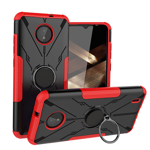 Silicone Matte Finish and Plastic Back Cover Case with Magnetic Finger Ring Stand JX1 for Nokia C20 Red