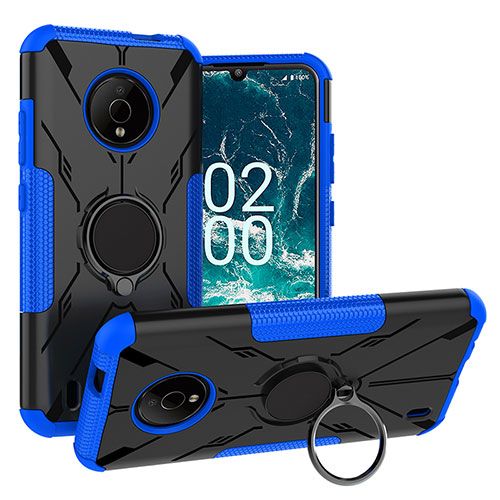 Silicone Matte Finish and Plastic Back Cover Case with Magnetic Finger Ring Stand JX1 for Nokia C200 Blue