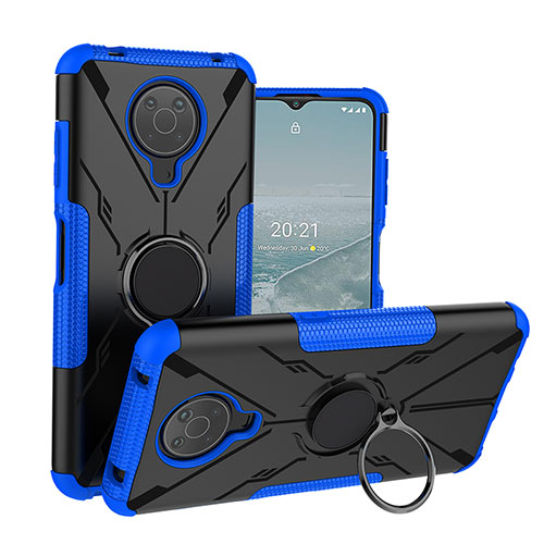 Silicone Matte Finish and Plastic Back Cover Case with Magnetic Finger Ring Stand JX1 for Nokia G10 Blue