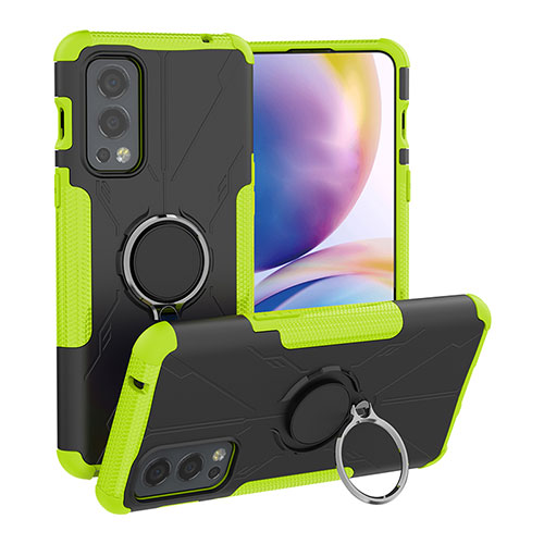 Silicone Matte Finish and Plastic Back Cover Case with Magnetic Finger Ring Stand JX1 for OnePlus Nord 2 5G Green