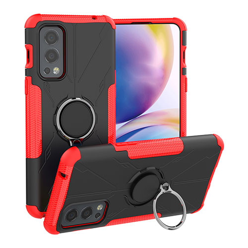 Silicone Matte Finish and Plastic Back Cover Case with Magnetic Finger Ring Stand JX1 for OnePlus Nord 2 5G Red