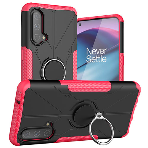 Silicone Matte Finish and Plastic Back Cover Case with Magnetic Finger Ring Stand JX1 for OnePlus Nord CE 5G Hot Pink