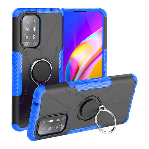 Silicone Matte Finish and Plastic Back Cover Case with Magnetic Finger Ring Stand JX1 for Oppo A94 5G Blue