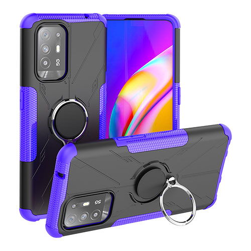 Silicone Matte Finish and Plastic Back Cover Case with Magnetic Finger Ring Stand JX1 for Oppo A94 5G Purple