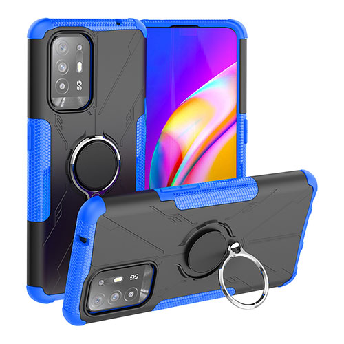 Silicone Matte Finish and Plastic Back Cover Case with Magnetic Finger Ring Stand JX1 for Oppo A95 5G Blue