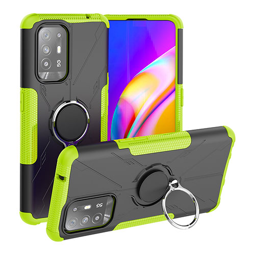 Silicone Matte Finish and Plastic Back Cover Case with Magnetic Finger Ring Stand JX1 for Oppo F19 Pro+ Plus 5G Green
