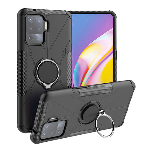 Silicone Matte Finish and Plastic Back Cover Case with Magnetic Finger Ring Stand JX1 for Oppo Reno5 F Black