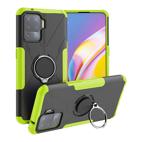 Silicone Matte Finish and Plastic Back Cover Case with Magnetic Finger Ring Stand JX1 for Oppo Reno5 Lite Green