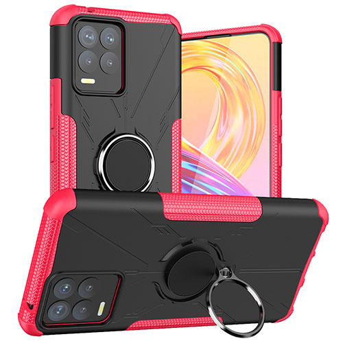 Silicone Matte Finish and Plastic Back Cover Case with Magnetic Finger Ring Stand JX1 for Realme 8 4G Hot Pink