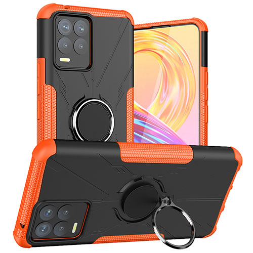 Silicone Matte Finish and Plastic Back Cover Case with Magnetic Finger Ring Stand JX1 for Realme 8 Pro Orange