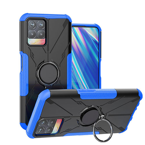 Silicone Matte Finish and Plastic Back Cover Case with Magnetic Finger Ring Stand JX1 for Realme 8i Blue