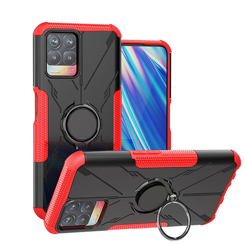 Silicone Matte Finish and Plastic Back Cover Case with Magnetic Finger Ring Stand JX1 for Realme 8i Red