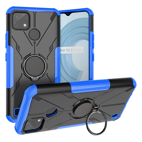 Silicone Matte Finish and Plastic Back Cover Case with Magnetic Finger Ring Stand JX1 for Realme C21Y Blue