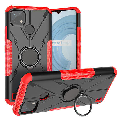 Silicone Matte Finish and Plastic Back Cover Case with Magnetic Finger Ring Stand JX1 for Realme C25Y India Red