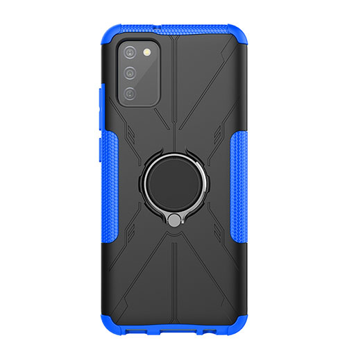 Silicone Matte Finish and Plastic Back Cover Case with Magnetic Finger Ring Stand JX1 for Samsung Galaxy A02s Blue