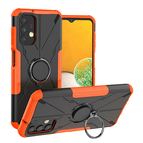 Silicone Matte Finish and Plastic Back Cover Case with Magnetic Finger Ring Stand JX1 for Samsung Galaxy A13 4G Orange