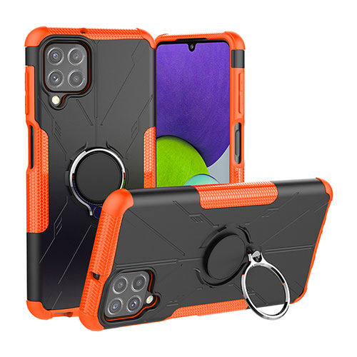 Silicone Matte Finish and Plastic Back Cover Case with Magnetic Finger Ring Stand JX1 for Samsung Galaxy A22 4G Orange