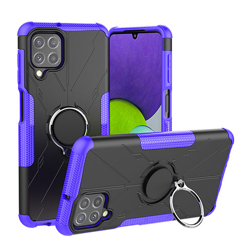 Silicone Matte Finish and Plastic Back Cover Case with Magnetic Finger Ring Stand JX1 for Samsung Galaxy A22 4G Purple