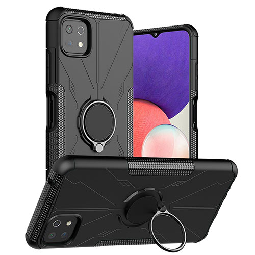 Silicone Matte Finish and Plastic Back Cover Case with Magnetic Finger Ring Stand JX1 for Samsung Galaxy A22s 5G Black
