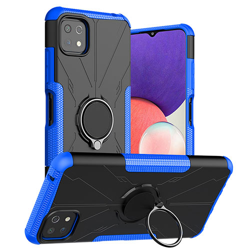Silicone Matte Finish and Plastic Back Cover Case with Magnetic Finger Ring Stand JX1 for Samsung Galaxy A22s 5G Blue