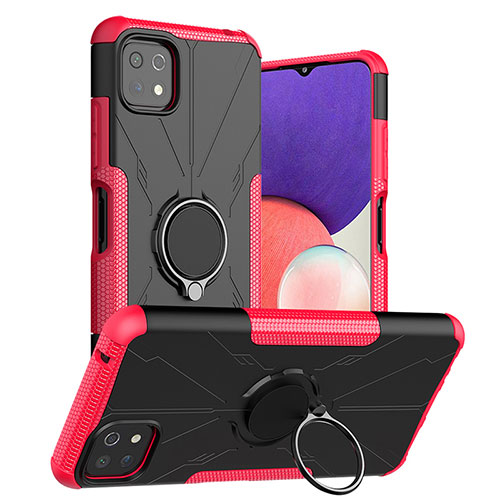 Silicone Matte Finish and Plastic Back Cover Case with Magnetic Finger Ring Stand JX1 for Samsung Galaxy A22s 5G Hot Pink