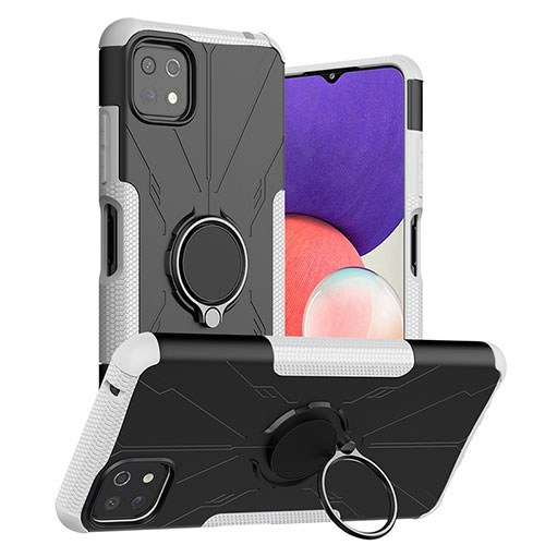 Silicone Matte Finish and Plastic Back Cover Case with Magnetic Finger Ring Stand JX1 for Samsung Galaxy A22s 5G Silver