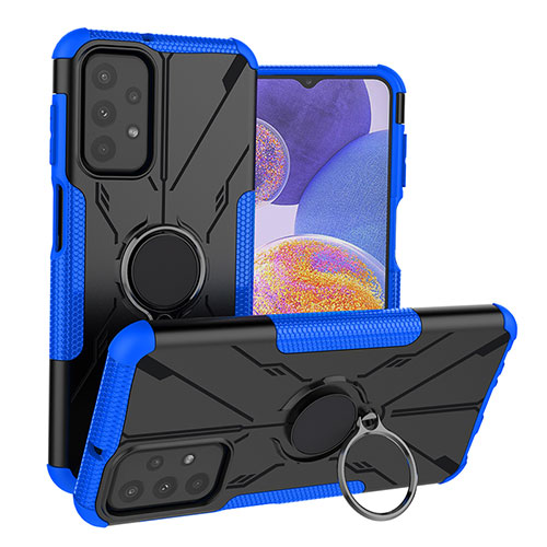 Silicone Matte Finish and Plastic Back Cover Case with Magnetic Finger Ring Stand JX1 for Samsung Galaxy A23 4G Blue