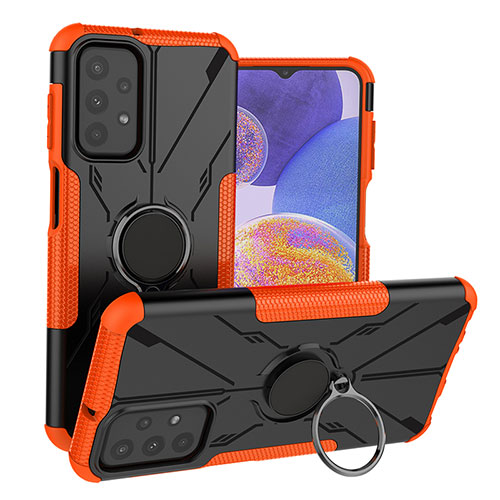 Silicone Matte Finish and Plastic Back Cover Case with Magnetic Finger Ring Stand JX1 for Samsung Galaxy A23 5G Orange