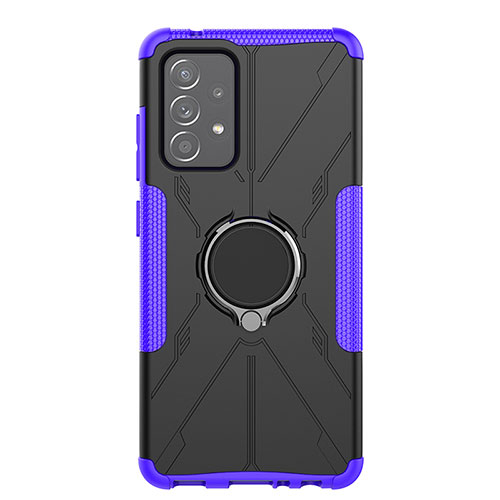 Silicone Matte Finish and Plastic Back Cover Case with Magnetic Finger Ring Stand JX1 for Samsung Galaxy A52 4G Purple